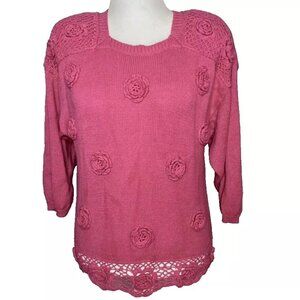 Sweater Bee Banff Sweater Womens Vtg Pink Rosette Shoulder Pad 90s Cottage Large